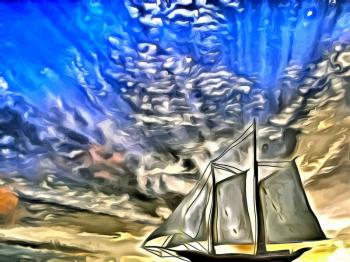 Painting. Sailboat. Dramatic sky.