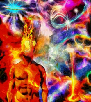 Surreal painting. Naked man with burning head and open door instead of face. Colorful universe on a background.