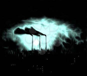 Surreal painting. Dark cityscape with factory at the horizon.