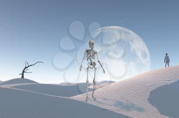 Surreal white desert with dry tree, big moon at the horizon. Man in white suit and bowler stands on a sand dune. Skeleton symbolizes death.