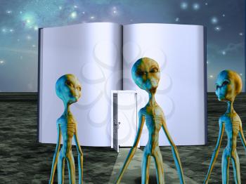 Aliens before opened book with door