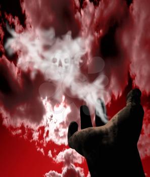Plague hand, skull in red sky