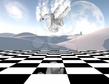 Surrealism. Chess board. Lonely man in a distance. White sand dune, giant moon at the horizon. The paper man is falling. 3D rendering