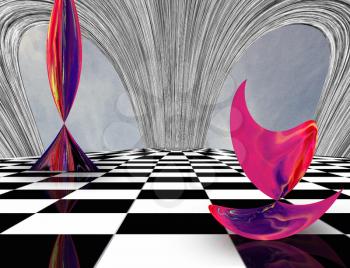 Surreal composition. Pink matter on chessboard