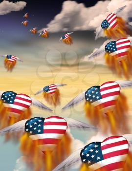 Winged flaming hearts in USA national colors fly into the sky