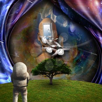 Surrealism. Flow of Time through space. Astronaut in the green field. 3D rendering.