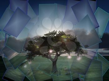 Surreal digital art. Tree with light bulbs symbolizes knowledge and ideas.