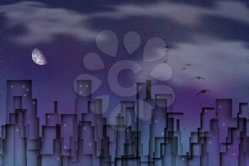Birds flies above night city. Moon in the cloudy sky