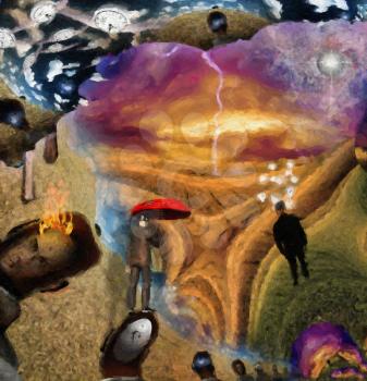 Fantasy Surreal scene. Man with red umbrella, light bulbs symbolizes ideas. Eye of God in the sky. 3D rendering.