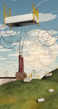 Fantasy Landscape with Floating Bed and factory with text billowing from chiminey

Text is my own creation