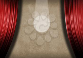 Spot light on a stage wall with red curtains. 3D rendering