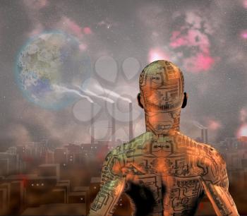 Android before smog filled city with tearraformed moon in sky