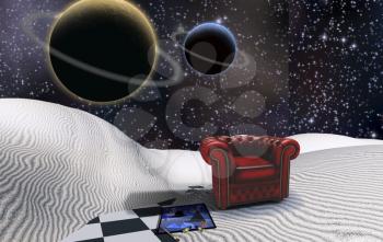 Surreal white desert. Red armchair and painting. Planets in starry sky.