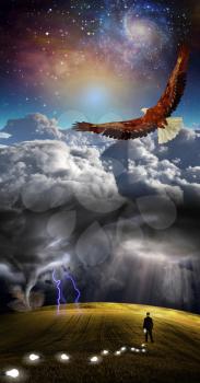 Storm and landscape. Eagle soars in the sky. Man is losing light bulbs as ideas