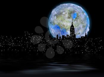 3D rendering. Terraformed moon over night city. New York, Manhattan