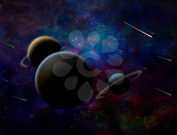Exosolar planets and meteor shower. 3D rendering.
