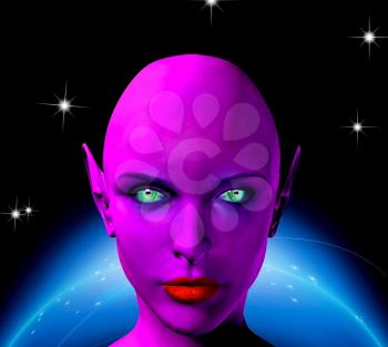 The face of female alien. Shining planet on a background.