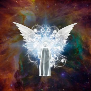 Surreal digital art. Figure of man in white cloak stands before bright star with white angel's wings.