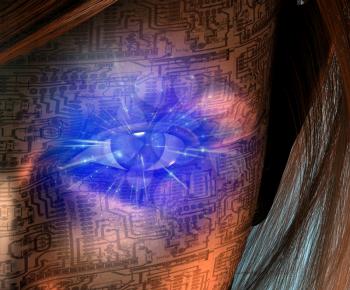 Technology Human. Woman face with electric circuit pattern and glowing eye
