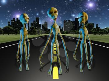 Aliens on road to city