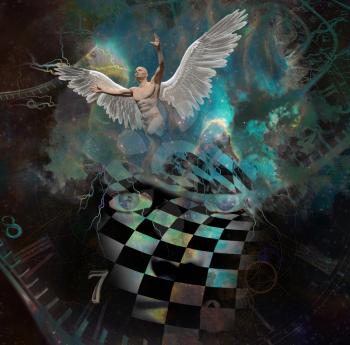 Surrealism. Woman's face with checkered pattern in vivid universe. Spirals of time. Naked man with wings symbolizes angel