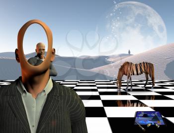 Surrealism. Faceless businessman with another thinking businessman behind him stands on chessboard. Lonely man in a distance. White sand dune. Striped horse like a tiger. Painting and brushes. 3D rendering