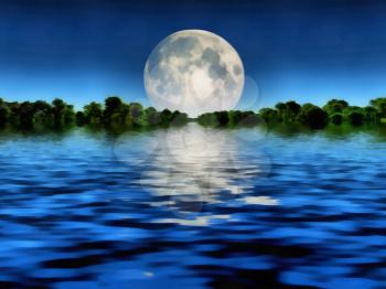 Surreal painting. Full moon over water.
