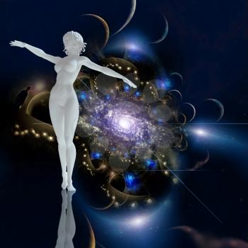 Graceful woman statue. Galaxy in endless space on the background