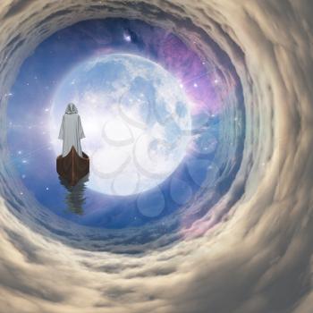 Figure in white robe floating to fulll moon in clouds tunnel