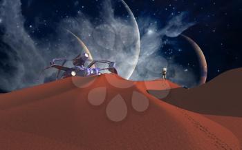 Space journey. Astronaut on another planet. Spacecraft landed on red sand dunes