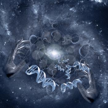 Sci-fi and space composition. DNA strands in hands of Creator