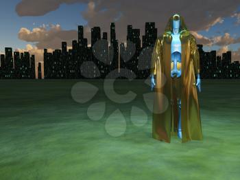 Robot in golden robe before futuristic city