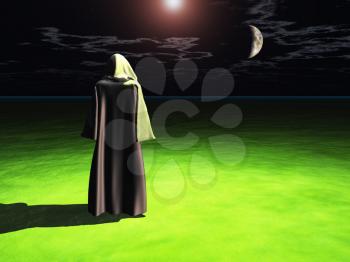 Figure in black cloak stands on surreal green field.