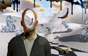 Surreal desert with chess figures and trumpet. Faceless man in suit. Figure of man in a distance. Eagle flies. Another dimension flows down.