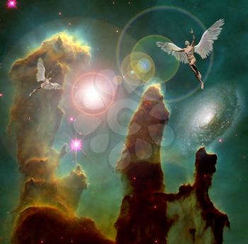 Surrealism. Naked men with wings symbolizes angels in space. 3D rendering