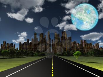Night roadway to future city. Terraformed moon in the sky. 3D rendering