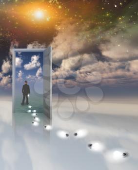 Sky fields of clouds. Opened door to another world. Man passed throug the door. Light bulbs represents man's ideas.