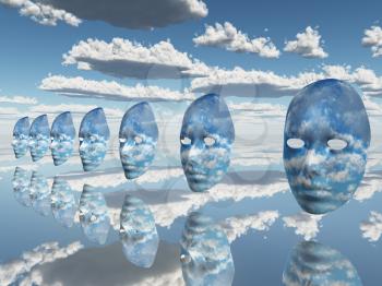multiple disembodied faces hover in surreal scene
