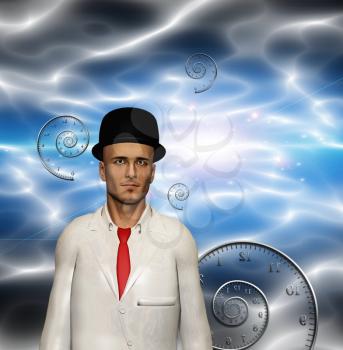 Man in white suit and time spirals