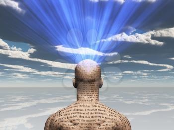 Man covered in text with light radiating from mind