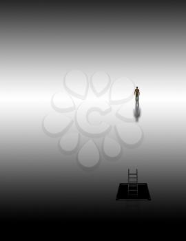 Man climbs into white space. Meditative journey