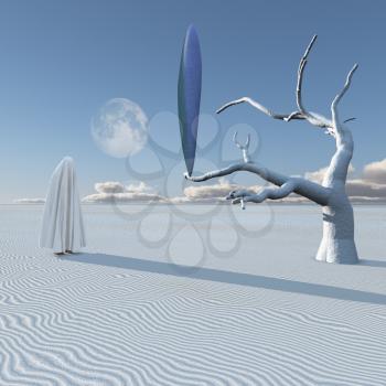 UFO in surreal white desert. Human figure covered by cloth
