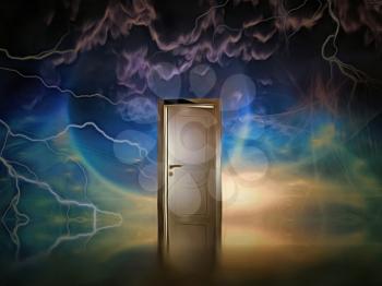 Surreal digital art. Door to another world in deep space. Sun is rising behind planet. Lightnings and purple clouds