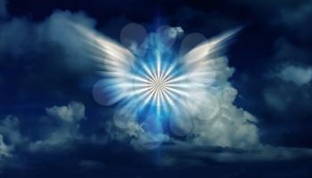 Winged angel star in cloudy sky