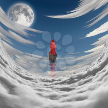 Figure in red robe floating to fulll moon in clouds