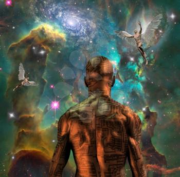 Surreal digital art. Cyborg man with electric circuit pattern on his skin stands before horse nebula in deep space. Naked men with wings represents angels. 3D rendering