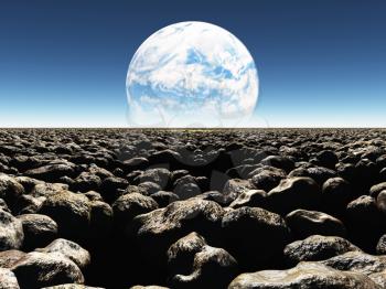 Rocky Landscape with planet or earth with terraformed moon in the distance