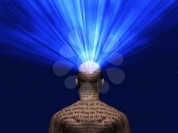 Man covered in text with light radiating from mind