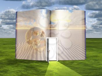 Surrealism. Book with opened door and skull in a desert.