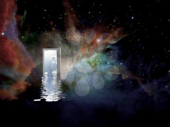 Open door with sky and water ripples reflections in deep space